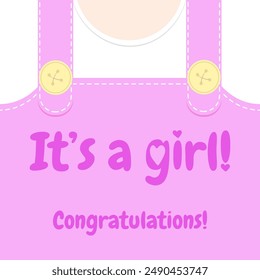 It's a girl. Congratulations card. Rompers. Template.