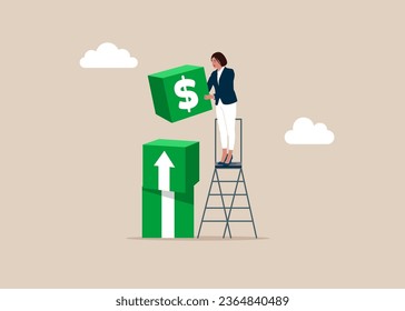 Chica conecta bloque cubo con flecha blanca hacia arriba. Crecimiento financiero y de la inversión.  Ilustración vectorial. 