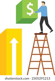Girl connect cube block with with white arrow up. Financial and investment growth. Vector illustration.

