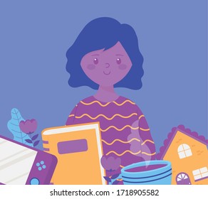 girl with console game book and cup of coffee home activities vector illustration
