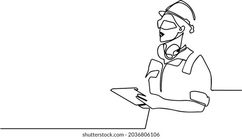 Girl construction engineer at construction. Industry maintenance engineer woman wearing uniform and safety helmet under inspection by tablet. Minilal line concept