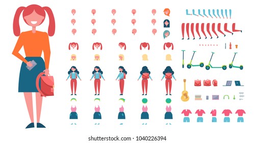 Girl constructor with spare body parts, stylish clothes, big backpack, modern devices and accessories isolated cartoon flat vector illustrations set.