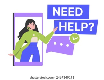 Girl consultant on the smartphone screen. Support team online. Answers and questions in the mobile application. Onboarding. Vector flat illustration.