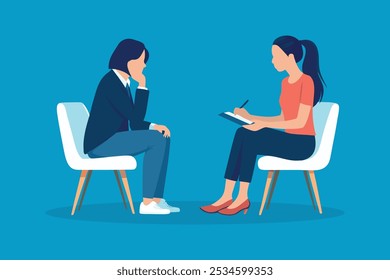 Girl consulting with psychologist, psychiatrist while patient counseling mental with doctor hand taking notes at clinic. Encouraging, therapy isolated flat vector illustration.