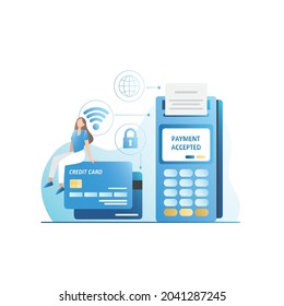 Girl contactslessly pays for purchases with debit or credit card in terminal issuing check on successful transaction, operation. Woman with bank transfer.