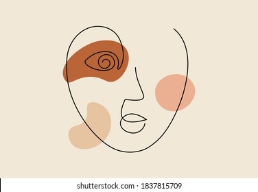 Girl continuous line drawing. Stylish hand drawn portrait of woman, cubism face. Modern abstract graphic elements. Trendy print for clothes, textile, card, posters. Vector illustration