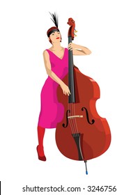 The girl with a contrabass. Vector image.