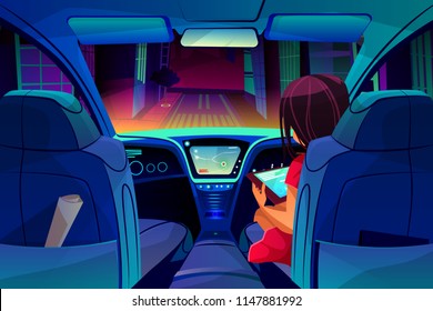 Girl control or manage smart autonomous car vector illustration. Woman on passenger seat in driverless car with internet tablet dashboard and navigation system in city for transportation technology