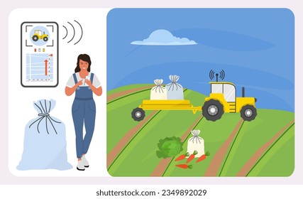 Girl controls harvesting and transportation of crops from digital device Smart agricultural system  Agriculture Farming robotics technology Vector illustration Cabbage Carrot Fresh vegetables