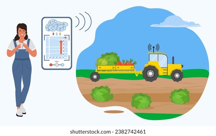 Girl controls harvesting and transportation of crops from digital device Smart agricultural system  Agriculture Farming robotics technology Vector illustration Cabbage Carrot Fresh vegetables