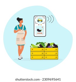 Girl controls smart agricultural harvesting system by digital device Agriculture Farming robotics technology Vector illustration Cabbage Zucchini Eggplant Fresh farm harvested vegetables in wooden box