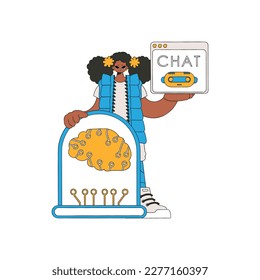 Girl conversing with AI on her handheld device, vector image