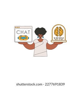 Girl conversing with a AI on her device, illustrated