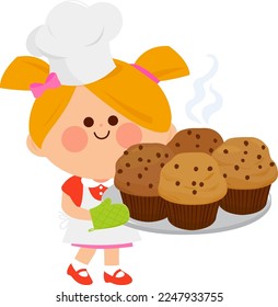 Chica cocinando en delantal sosteniendo una bandeja con muffins recién horneados. Ilustración vectorial.