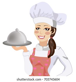 Girl cook in a cap with a tray, vector
