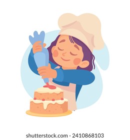 Girl Cook or Chef Character in Uniform Decorate Cake with Pastry Bag Vector Illustration