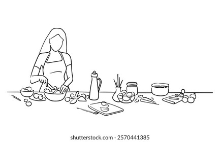 Girl cook continuous line art drawing isolated on white background. Housewife preparing food. Vector illustration