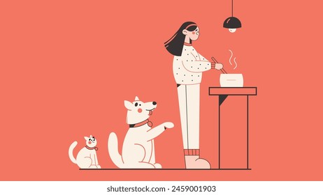 A girl cook for her with her pets. Flat vector graphic.