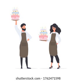 Girl cook holds a birthday cake. The guy is holding a pie. Good for birthday articles and banners. Vector.