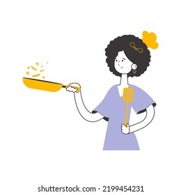 The girl the cook holds a frying pan. Linear style. Isolated. Vector.