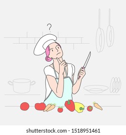 girl cook in the kitchen. she thought, knife in hand. hand drawn style vector illustration design.