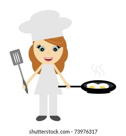 girl cook with pan with fried eggs