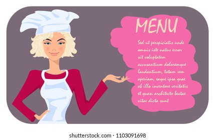 the girl cook shows a hand on the menu, a beautiful woman cook, the girl smiles, a nice lady, a cartoon character, a banner for advertising with the ability to insert text