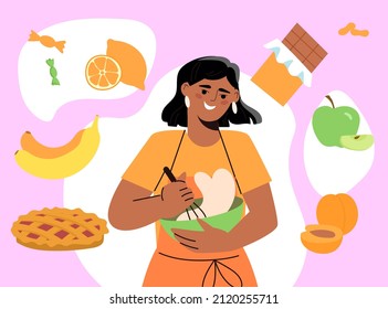 Girl cooker concept. Woman mixes food in bowl with mixer. Character in kitchen, hostess prepares sweets for guests. Character remembers ingredients and recipe. Cartoon flat vector illustration