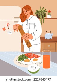 Girl cooking breakfast at home kitchen. Young woman in pajamas preparing morning dish with fried eggs, vegetables, adding sprinkling pepper on food. Cook process. Flat vector illustration