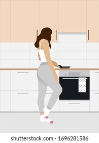 Girl is cooking a breakfast on the kitchen. Flat illustration, pastel colors.