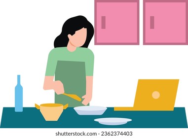 Girl cooking by watching online videos.