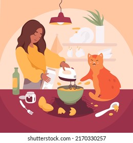 Girl Cooking With Cat In Kitchen. Family Dinner Time, Mixing Eggs, Using Home Appliances, Spending Time Together, Petting Kitty, Animal Lover, Little Family Member Vector Illustration