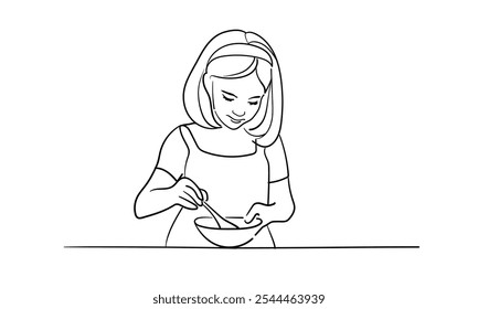 Girl cooking continuous line art drawing isolated on white background. Vector illustration
