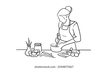Girl cooking continuous line art drawing isolated on white background. Vector illustration