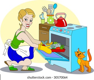A girl is cooking a fish