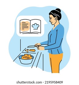 Girl cooking flat vector illustration. Distance learning. Isolated cartoon character.