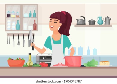 Ilustración vectorial de la comida para niñas. Caricatura de una joven cocinera personaje en un delantal que sostiene un cuchillo para cocinar, parada en la cocina de casa interior con utensilios de cocina, verduras en el fondo de la mesa