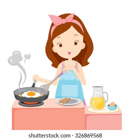 Girl Cooking Fried Egg For Breakfast, Kitchen, Ware, Crockery, Food, Bakery, Occupation, Lifestyle