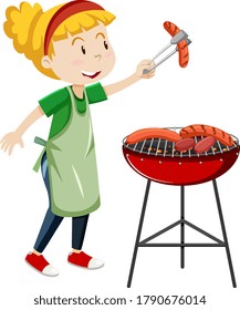 Girl cooking grill sausage cartoon style isolated on white background illustration