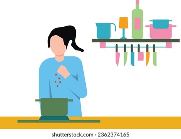 The girl is cooking in the kitchen.