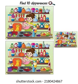 Girl cooking in the kitchen. Find 10 differences. attention and worksheet.