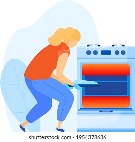Girl cooking oven, woman working kitchen, mother making food, putting pie furnace, design, flat style vector illustration.
