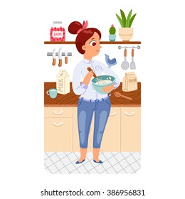 A girl cooking pancakes in a kitchen with a bird on her shoulder, vector illustration