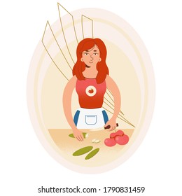 The girl cooking a salad of fresh vegetables. Woman cooking in the kitchen flat illustration, cooking in the kitchen concept art vector, ready to print t shirt logo icon design.