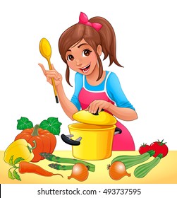 La chica está cocinando con varias verduras. Ilustración vectorial con fondo transparente en el archivo eps.