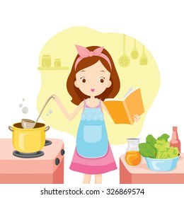 Girl Cooking Soup With Cookbook, Kitchen, Ware, Crockery, Food, Bakery, Occupation, Lifestyle