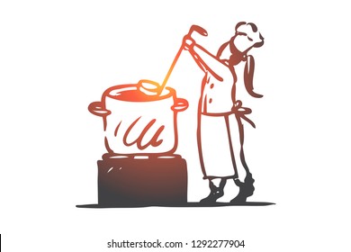 Girl, cooking, soup, pan, chef concept. Hand drawn little cook girl cooking soup concept sketch. Isolated vector illustration.