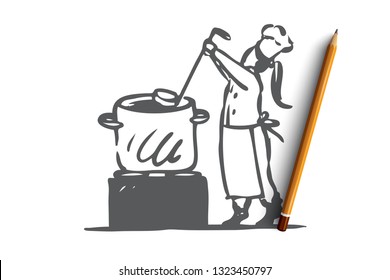 Girl, cooking, soup, pan, chef concept. Hand drawn little cook girl cooking soup concept sketch. Isolated vector illustration.
