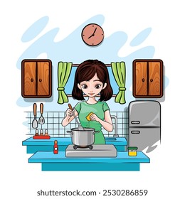 Girl cooking vector illustration cartoon template. Wife cooked soup on kitchen table and mixed it with a spoon. Vector illustration