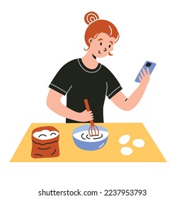 Cocina de chicas mientras usan teléfonos celulares, cocinando recetas en línea, iconos de utensilios de panadería, haciendo un tutorial en el móvil, ilustración vectorial de garrapatas, huevos, harina, clíparte de color aislado